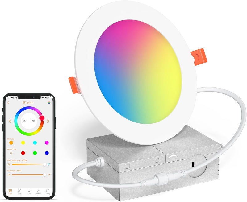 SikSog Smart Recessed Lighting 6 Inch RGBCW Color Changing 16W LED Downlight with Junction Box,1350 Lumen Recessed Ceiling Light Compatible with Alexa,Dimmable by Bluetooth Control -1Pack - Image 1